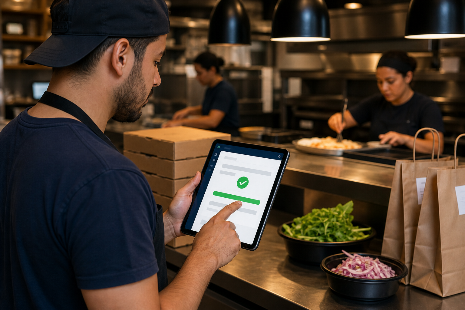 Equipe do restaurante confirmando pedido em produção