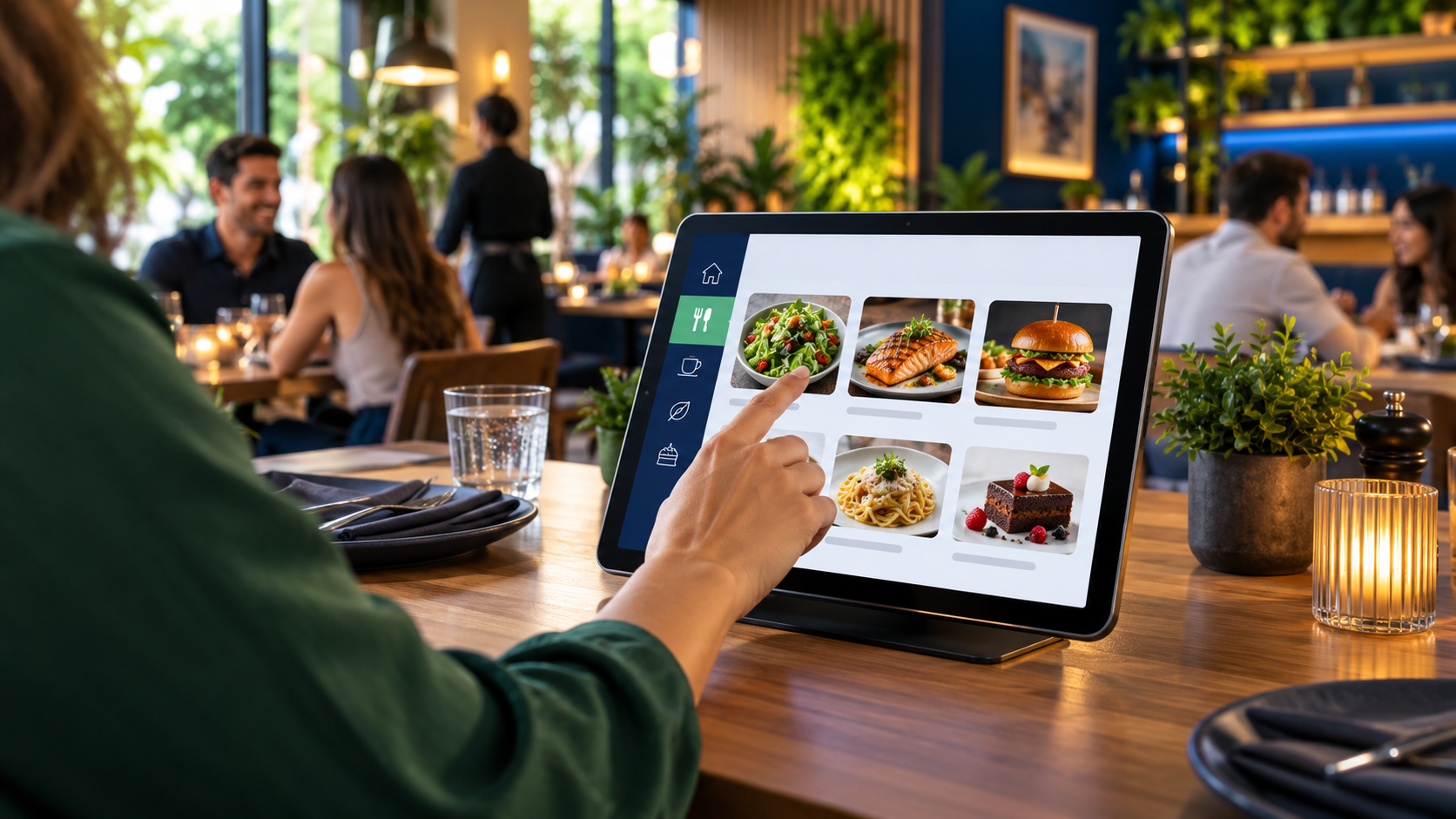 Cliente fazendo pedido em um tablet de autoatendimento na mesa