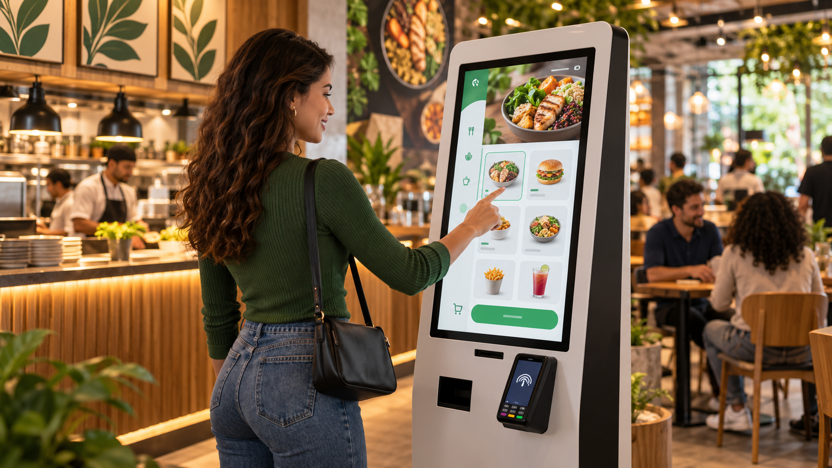 Cliente escolhendo uma refeição em um totem moderno de pedidos