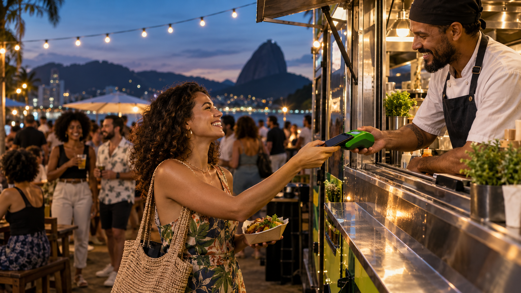 Pagamento móvel em um food truck durante um evento